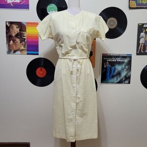 Kenny Classics | 80s Vintage Yellow White Stripe Tie Waist Dress